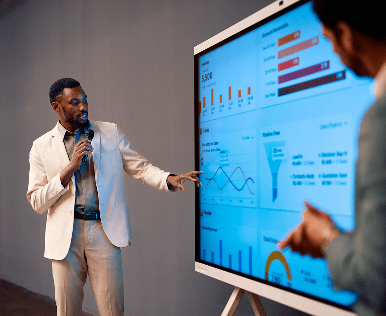 Business presentation with data charts